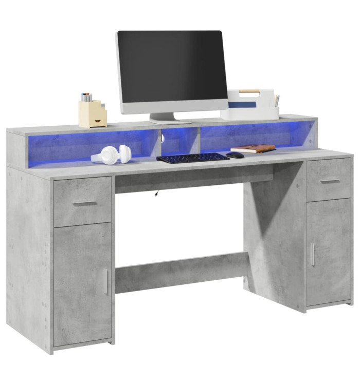 Bureau et lumières LED gris béton 160x55x91cm bois d'ingénierie | Mobilier & Déco