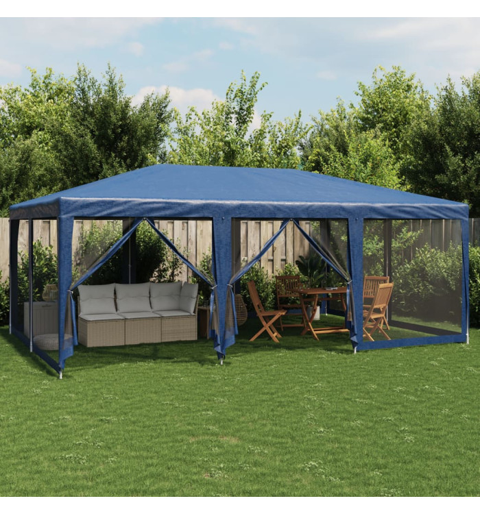 Tente de fête avec 10 parois latérales en maille bleu 6x4m PEHD | Mobilier & Déco