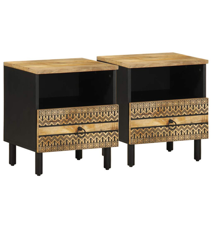 Tables de chevet 2pcs noir 40x33x46cm bois manguier massif brut | Mobilier & Déco