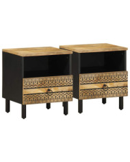 Tables de chevet 2pcs noir 40x33x46cm bois manguier massif brut | Mobilier & Déco