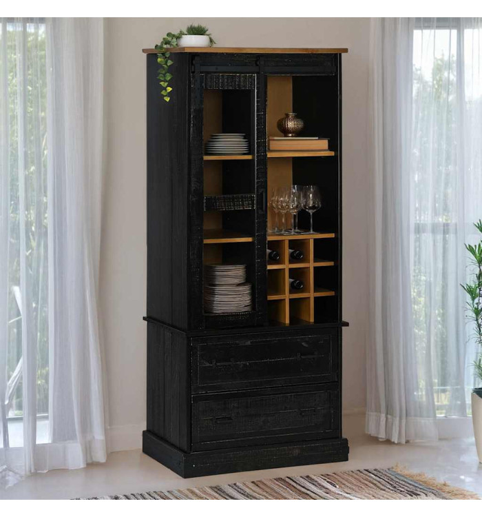 Armoire à vin HALDEN casiers à vin porte coulissante noir pin | Mobilier & Déco