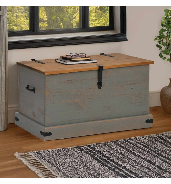 Coffre de rangement HALDEN gris 91x48x47 cm bois massif pin | Mobilier & Déco