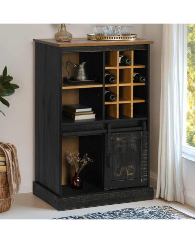 Armoire à vin HALDEN casiers à vin porte coulissante noir pin | Mobilier & Déco