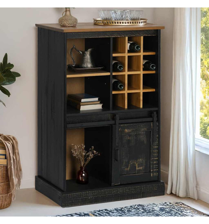 Armoire à vin HALDEN casiers à vin porte coulissante noir pin | Mobilier & Déco