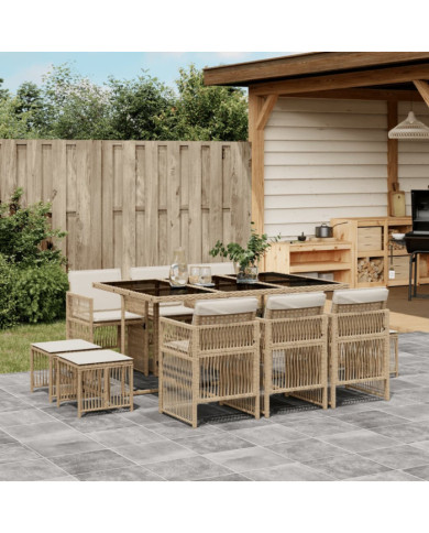 Ensemble à manger de jardin et coussins 11 pcs beige poly rotin | Mobilier & Déco