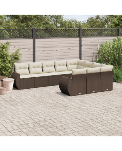 Salon de jardin 10 pcs avec coussins marron résine tressée | Mobilier & Déco