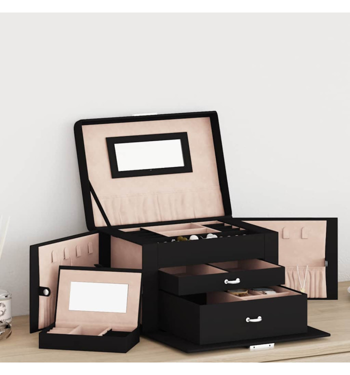 Boîte à bijoux 3 niveaux miroir verrouillable noir 26x18x17,5cm | Mobilier & Déco