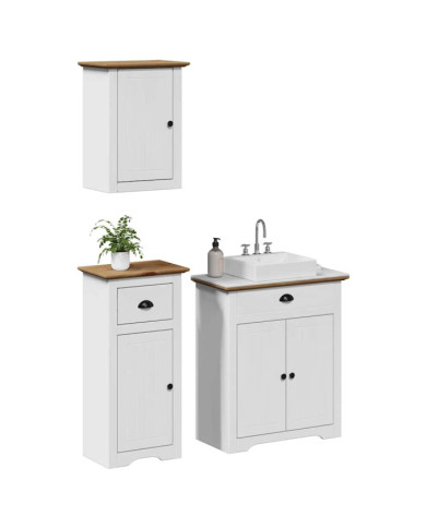 Meubles de salle de bain 3pcs BODO blanc marron bois pin massif | Mobilier & Déco