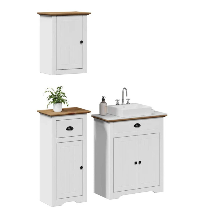 Meubles de salle de bain 3pcs BODO blanc marron bois pin massif | Mobilier & Déco