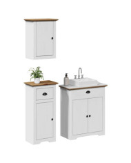 Meubles de salle de bain 3pcs BODO blanc marron bois pin massif | Mobilier & Déco