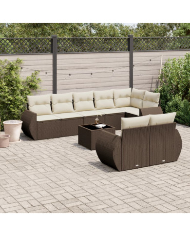 Salon de jardin avec coussins 9 pcs marron résine tressée | Mobilier & Déco