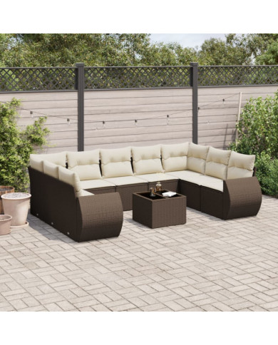 Salon de jardin 10 pcs avec coussins marron résine tressée | Mobilier & Déco