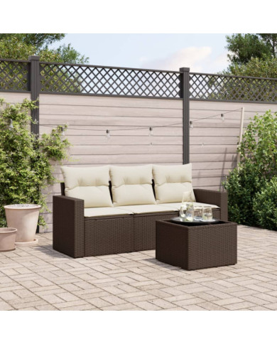 Salon de jardin 4 pcs avec coussins marron résine tressée | Mobilier & Déco