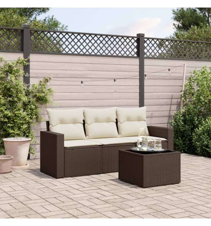 Salon de jardin 4 pcs avec coussins marron résine tressée | Mobilier & Déco