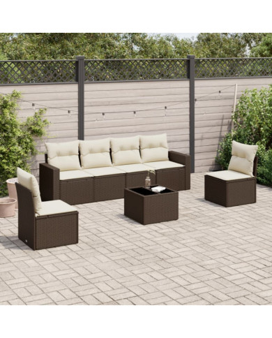 Salon de jardin avec coussins 7 pcs marron résine tressée | Mobilier & Déco