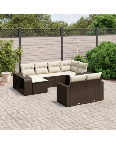 Salon de jardin 10 pcs avec coussins marron résine tressée | Mobilier & Déco