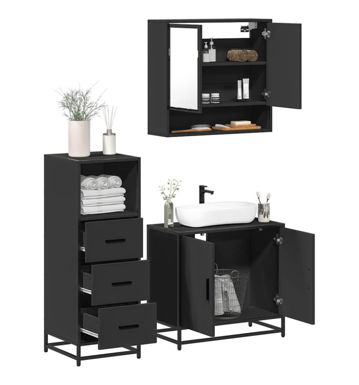Ensemble de meubles salle de bain 3 pcs noir bois d'ingénierie | Mobilier & Déco