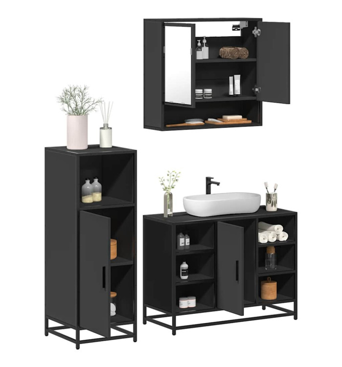 Ensemble de meubles salle de bain 3 pcs noir bois d'ingénierie | Mobilier & Déco