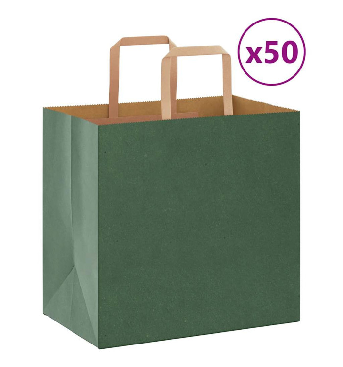 Sacs en papier 50 pcs avec poignées vert 26x17x25 cm | Mobilier & Déco