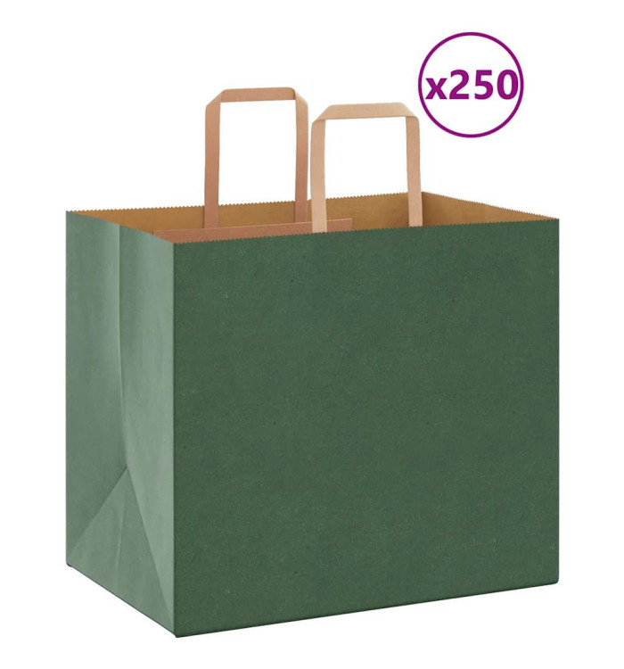 Sacs en papier 250 pcs avec poignées vert 32x22x28 cm | Mobilier & Déco