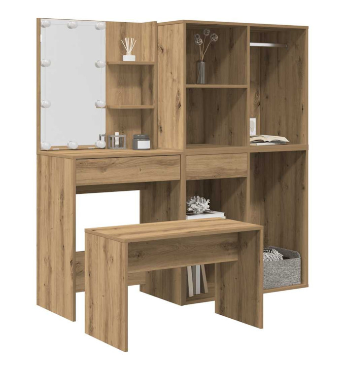 Ensemble de coiffeuse avec LED chêne artisanal bois ingénierie | Mobilier & Déco