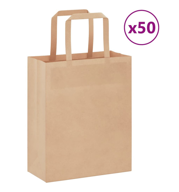 Sacs en papier 50 pcs avec poignées marron 18x8x22 cm | Mobilier & Déco