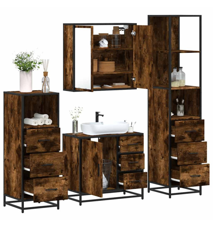 Ensemble meubles salle de bain 4 pcs chêne fumé bois ingénierie | Mobilier & Déco