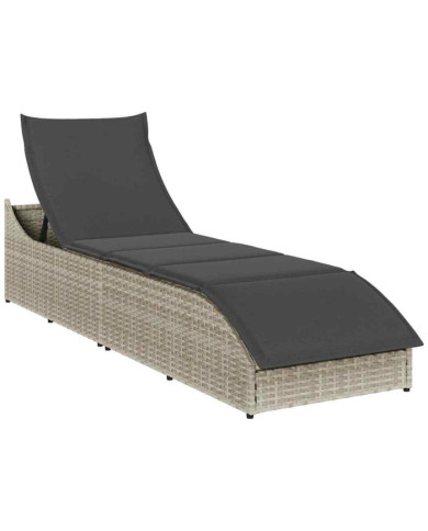 Chaise longue pliante coussin et rangement gris clair polyrotin | Mobilier & Déco