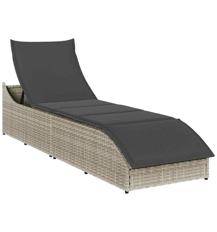 Chaise longue pliante coussin et rangement gris clair polyrotin | Mobilier & Déco