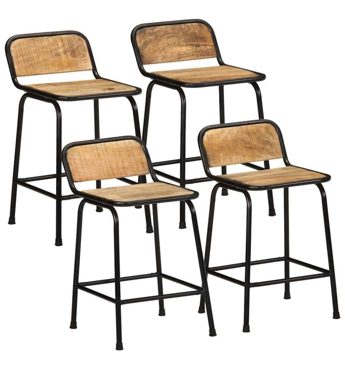 Tabourets de bar lot de 4 bois massif manguier brut | Mobilier & Déco