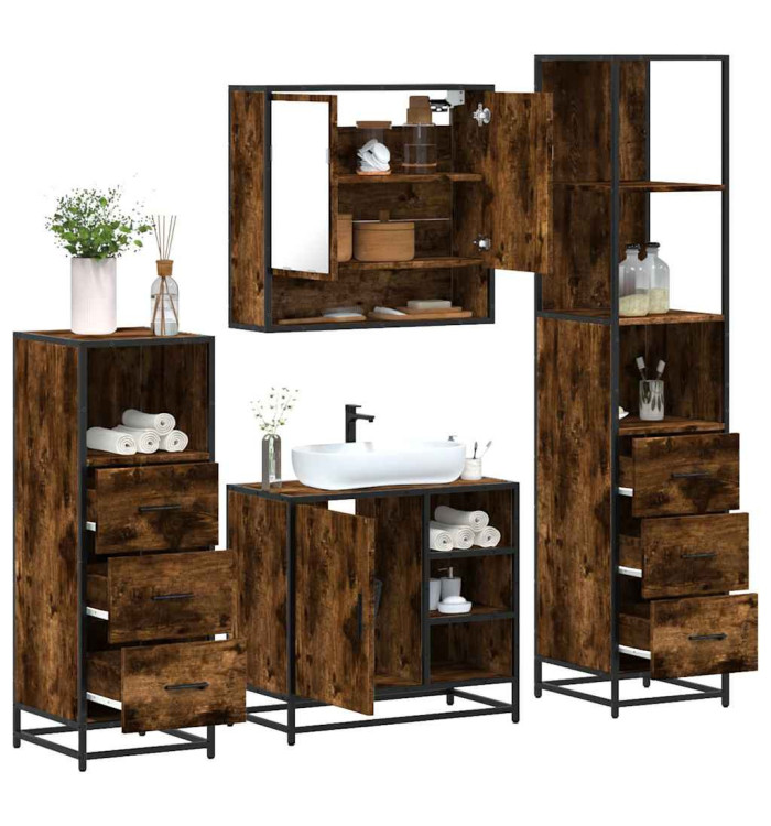 Ensemble meubles salle de bain 4 pcs chêne fumé bois ingénierie | Mobilier & Déco
