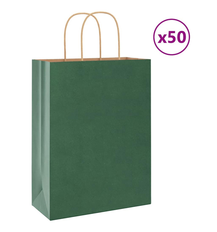 Sacs en papier 50 pcs avec poignées vert 26x12x35 cm | Mobilier & Déco