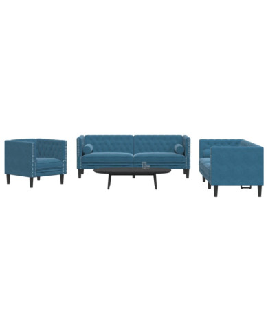 Ensemble de canapé Chesterfield et traversins 3pcs bleu velours | Mobilier & Déco