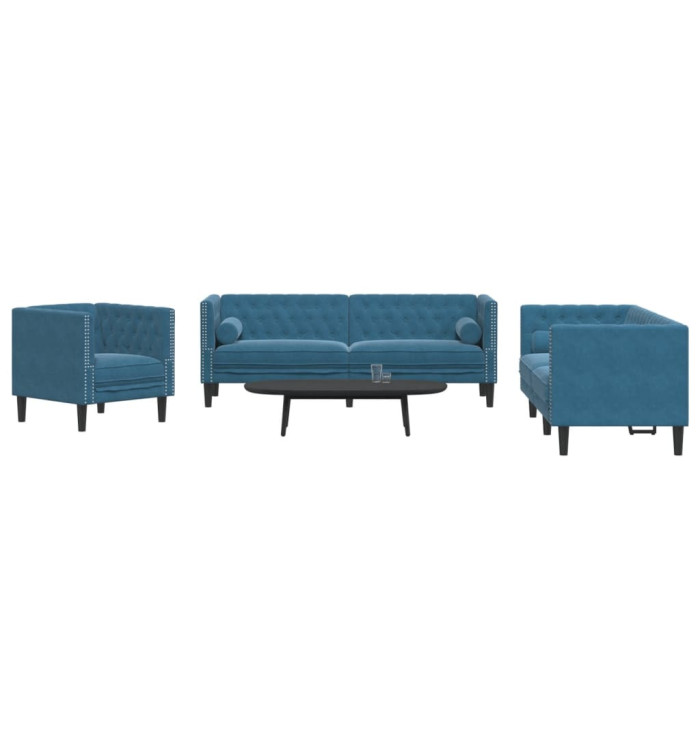 Ensemble de canapé Chesterfield et traversins 3pcs bleu velours | Mobilier & Déco