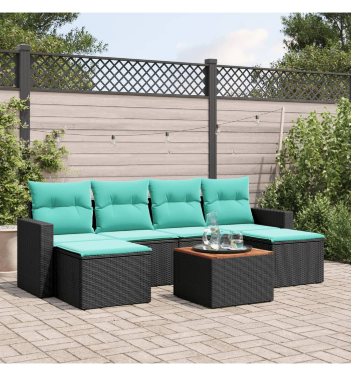 Salon de jardin 7 pcs avec coussins noir résine tressée | Mobilier & Déco