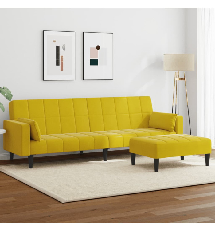 Canapé-lit à 2 places avec repose-pied jaune velours | Mobilier & Déco