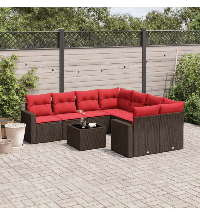 Salon de jardin avec coussins 9 pcs marron résine tressée | Mobilier & Déco