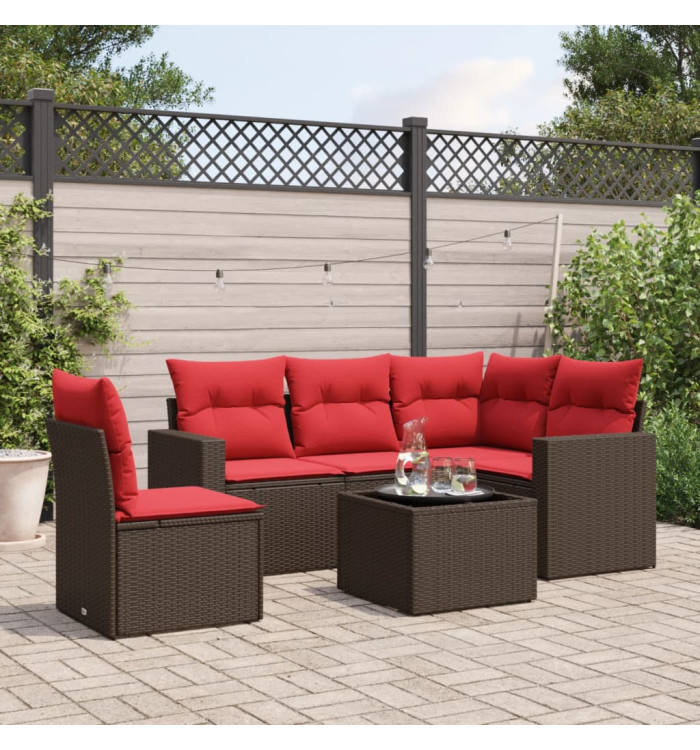 Salon de jardin 6 pcs avec coussins marron résine tressée | Mobilier & Déco