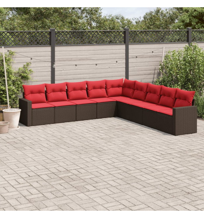 Salon de jardin avec coussins 9 pcs marron résine tressée | Mobilier & Déco