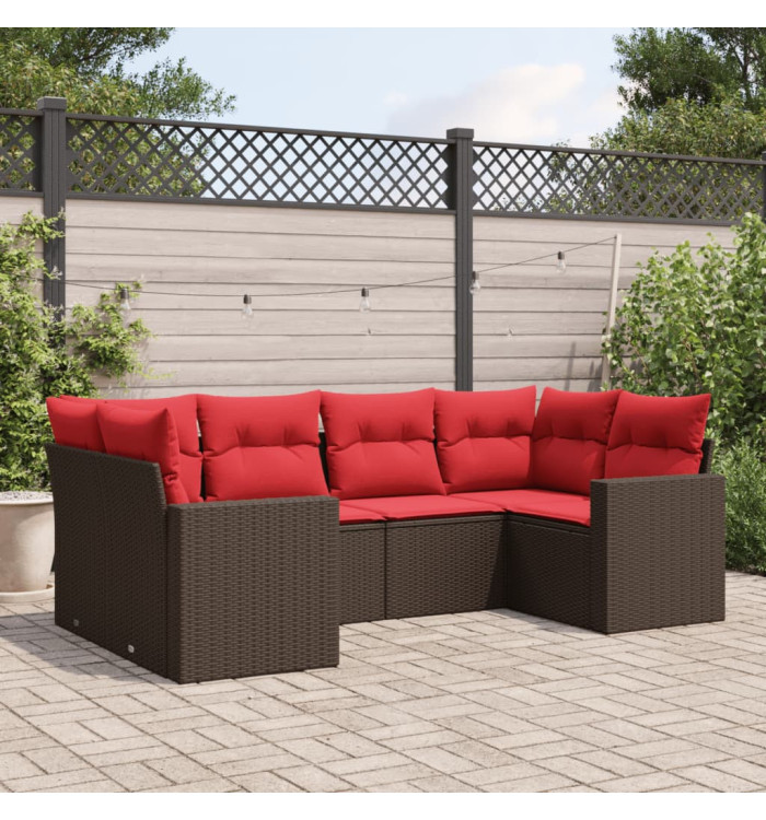 Salon de jardin 6 pcs avec coussins marron résine tressée | Mobilier & Déco