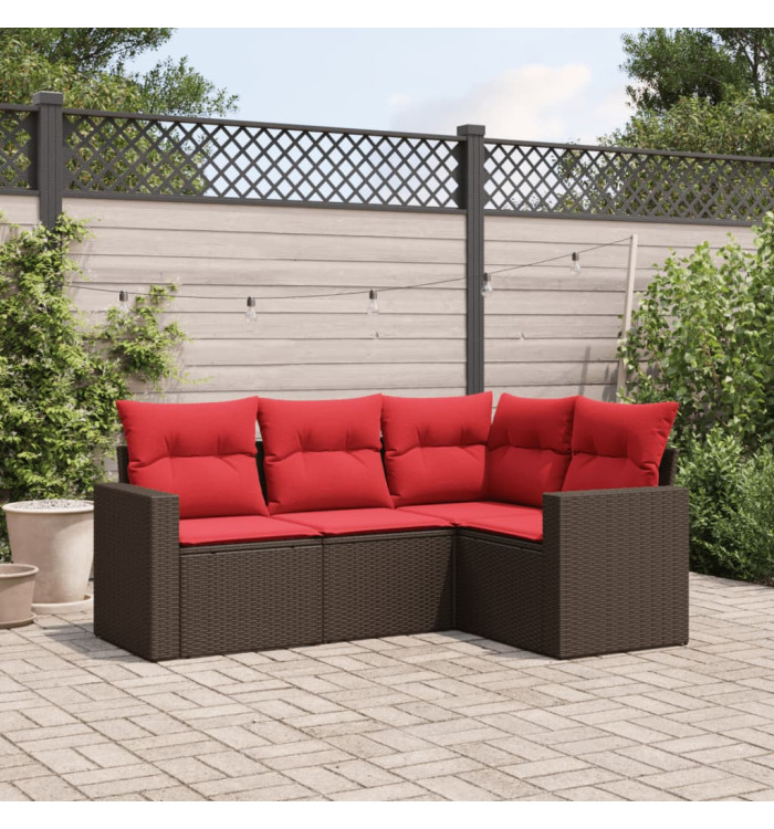 Salon de jardin 4 pcs avec coussins marron résine tressée | Mobilier & Déco