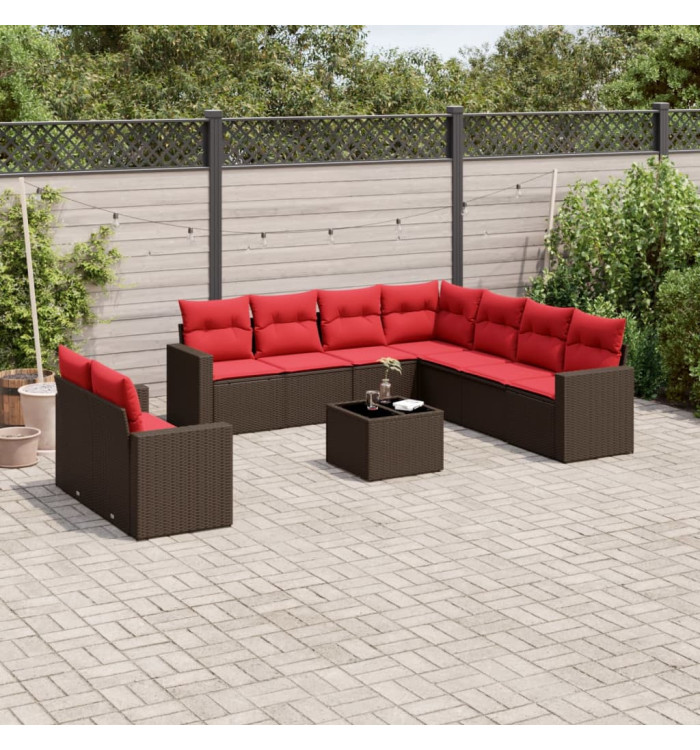 Salon de jardin 10 pcs avec coussins marron résine tressée | Mobilier & Déco