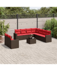 Salon de jardin 10 pcs avec coussins marron résine tressée | Mobilier & Déco
