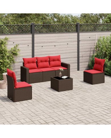 Salon de jardin 6 pcs avec coussins marron résine tressée | Mobilier & Déco