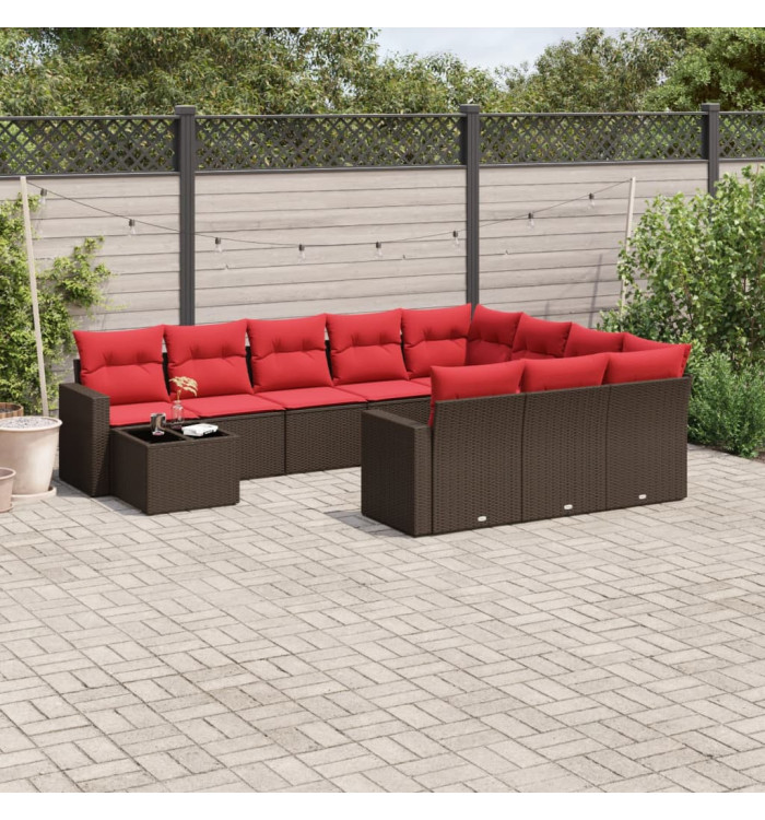 Salon de jardin et coussins 11 pcs marron résine tressée | Mobilier & Déco