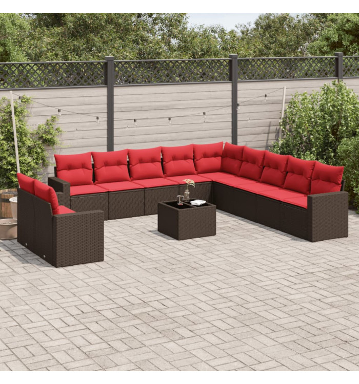 Salon de jardin avec coussins 12 pcs marron résine tressée | Mobilier & Déco