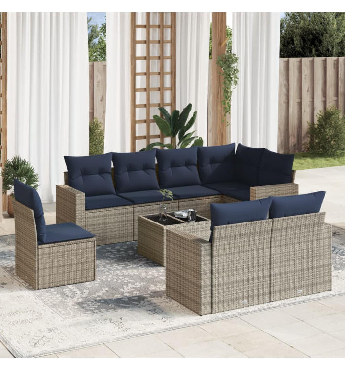 Salon de jardin 9 pcs avec coussins gris résine tressée | Mobilier & Déco