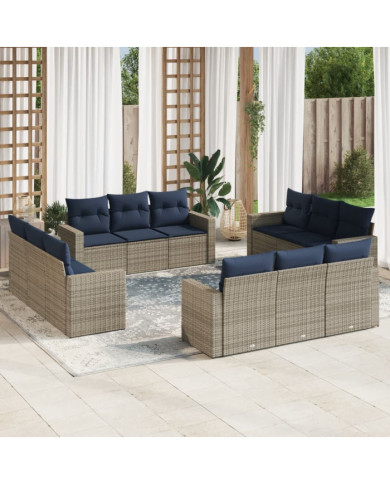 Salon de jardin avec coussins 12 pcs gris résine tressée | Mobilier & Déco