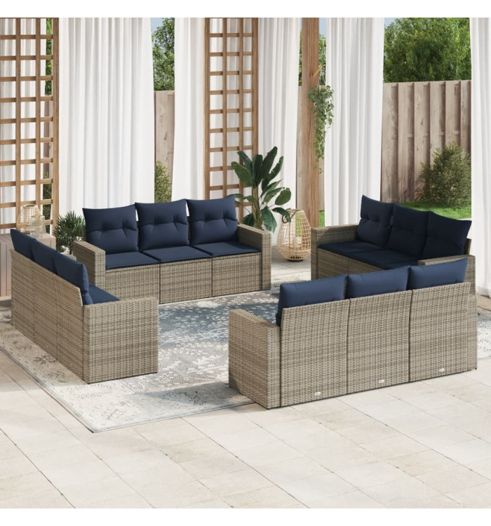 Salon de jardin avec coussins 12 pcs gris résine tressée | Mobilier & Déco