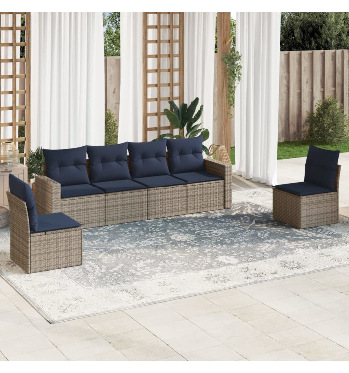 Salon de jardin 6 pcs avec coussins gris résine tressée | Mobilier & Déco